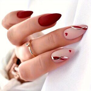 Fake Nails 24  Press On Style Red Hearts Swirl Glam Sexy Trendy Stylish Silver